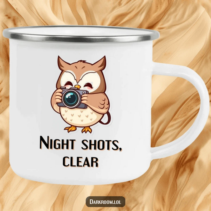 Funny cheerful owl photographer camping mug, holding a camera, capturing a fleeting moment, ready for any outdoor adventure.