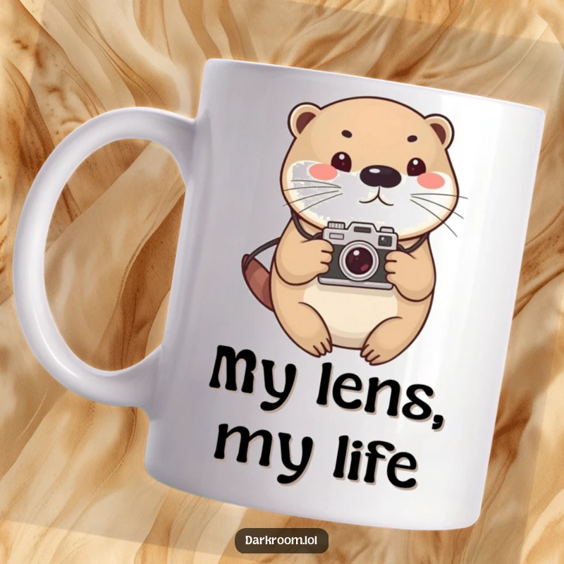 Funny otter photographer mug, round and cute, wearing a vintage camera, ready to capture life's special moments with a smile.