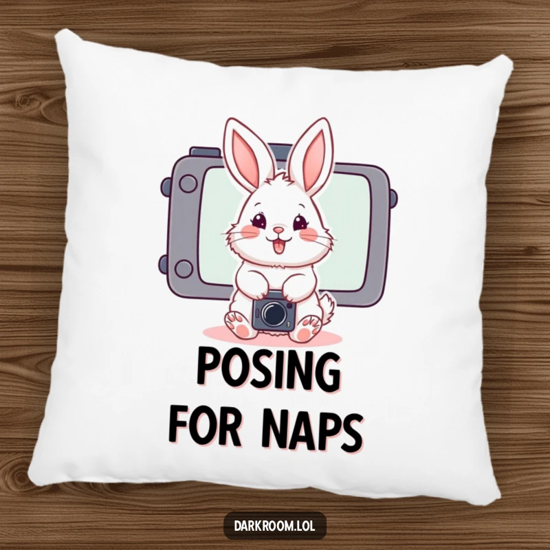 Funny fluffy bunny photographer pillow, posing playfully in front of a stylized camera screen, offering comfort and whimsical charm.