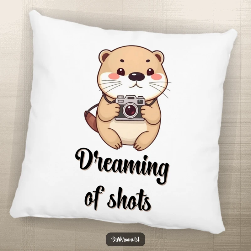 Funny otter photographer pillow, cute and round, with a vintage camera, providing comfort and a touch of playful artistic flair.