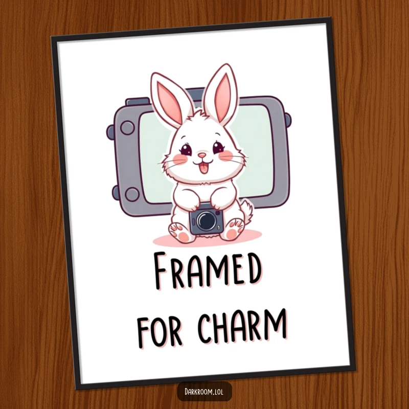 Funny fluffy bunny photographer digital art print, posing playfully in front of a stylized camera screen, ready to add charm.
