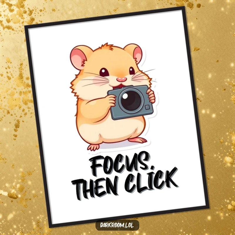 Funny hamster photographer digital art print, tiny and determined, enthusiastically pressing a camera shutter, ready to add charm and focus.