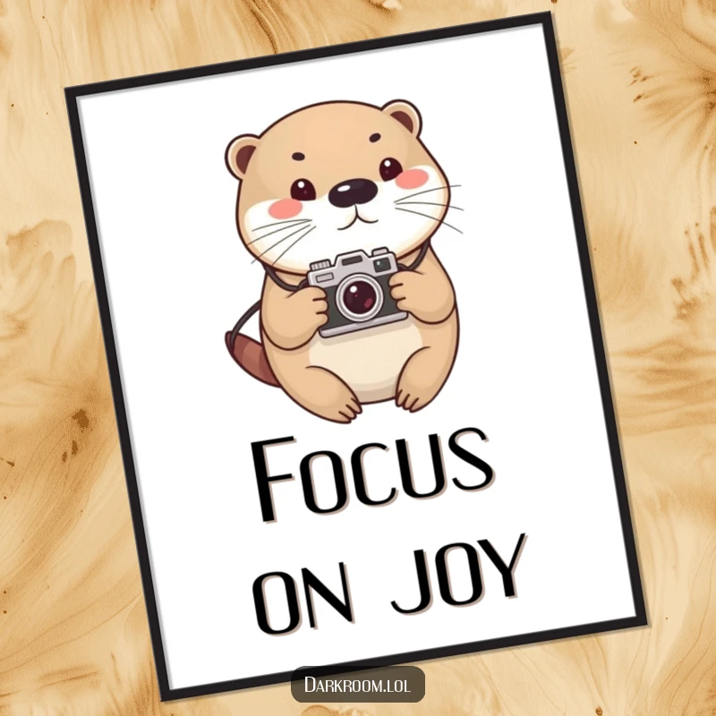 Funny otter photographer digital art print, cute and round, with a vintage camera, ready to add charm and humor to any space.