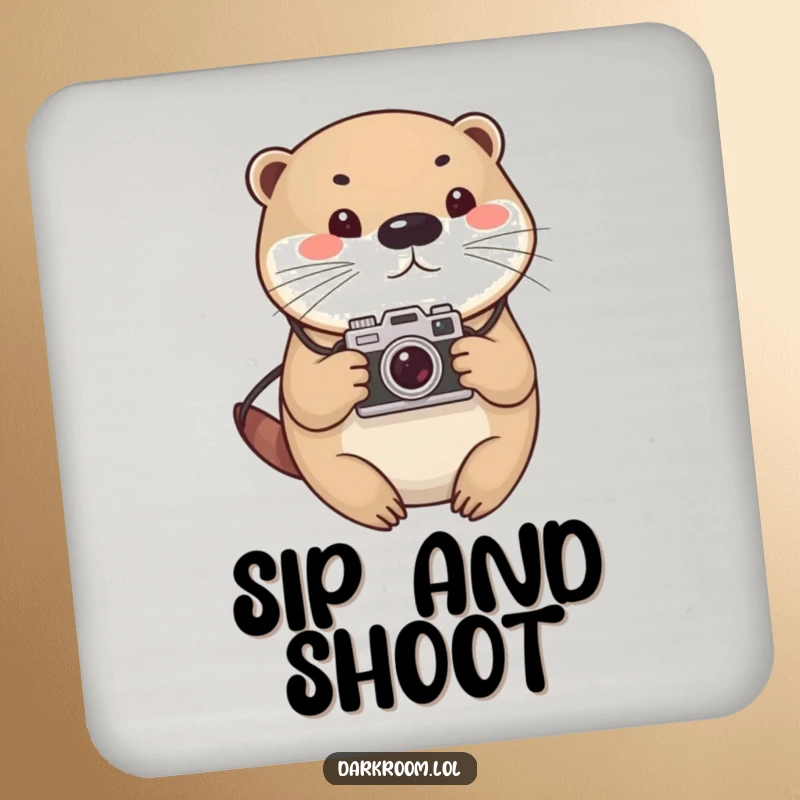 Funny otter photographer drink coaster, cute and round, holding a vintage camera, protecting surfaces with artistic charm and humor.