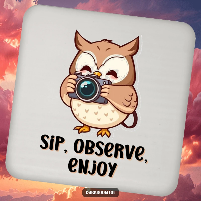 Funny cheerful owl photographer drink coaster, holding a camera, capturing a fleeting moment, protecting surfaces with wisdom.