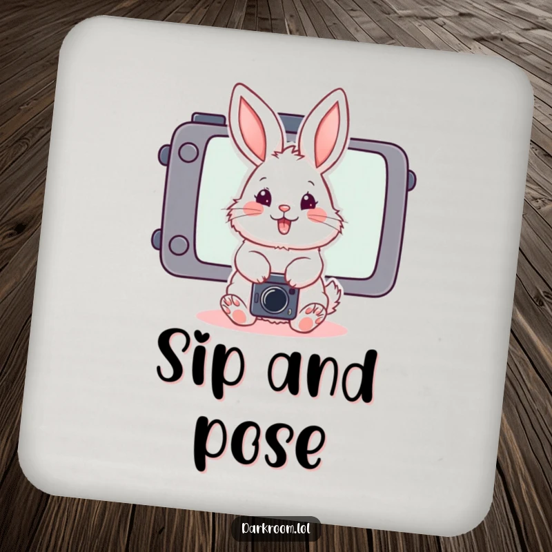 Funny fluffy bunny photographer drink coaster, posing playfully in front of a stylized camera screen, protecting surfaces with charm.