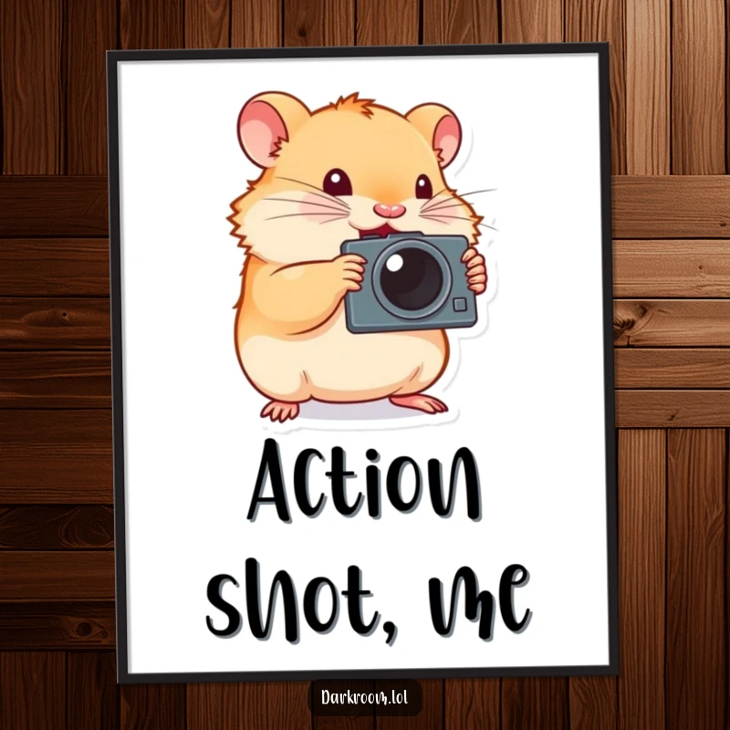 Funny hamster photographer poster art, tiny and determined, enthusiastically pressing a camera shutter, inspiring focus and creativity.