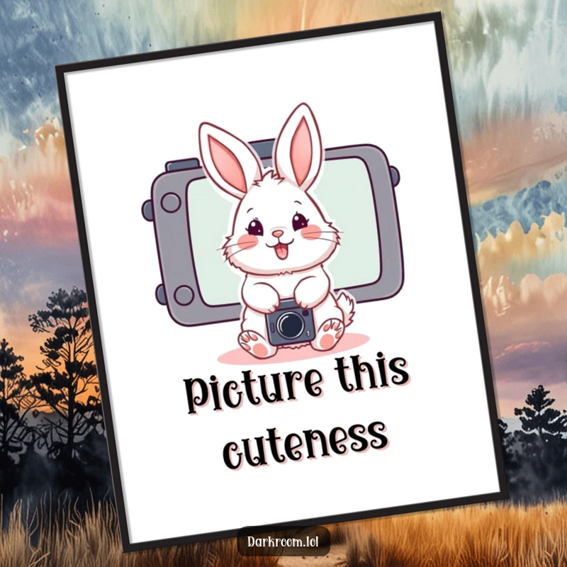 Funny fluffy bunny photographer poster art, posing playfully in front of a stylized camera screen, inspiring smiles and artistic joy.