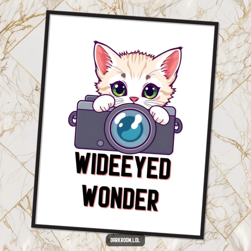 Funny kitten camera lens poster art, peeking with wide, curious eyes, embodying the playful spirit of a budding photographer.