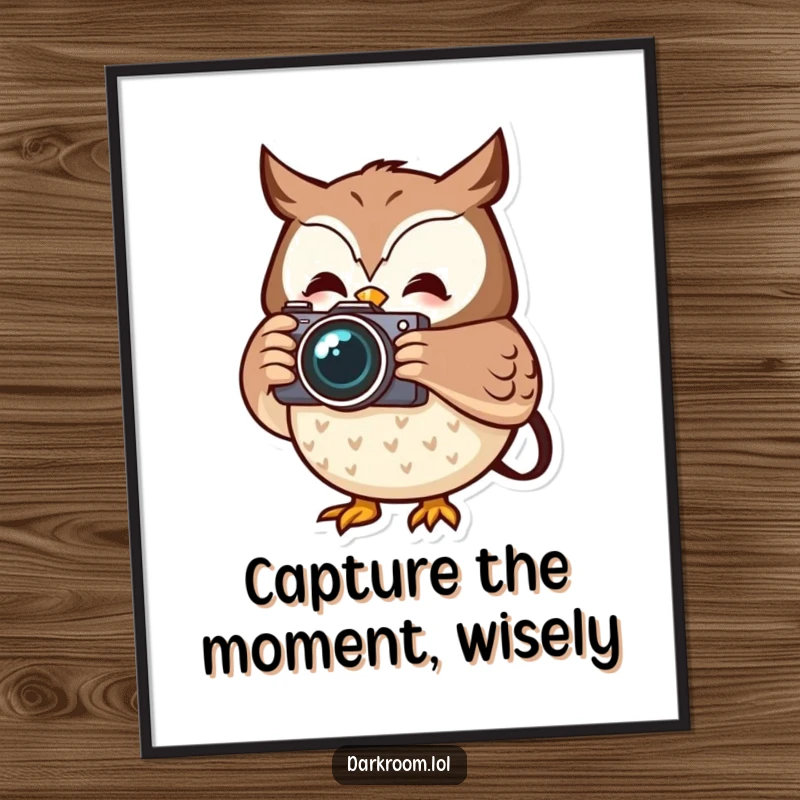 Funny Free Printable Wall Art: Cheerful owl holding a camera, capturing a moment, wise and humorous animal photography, download.