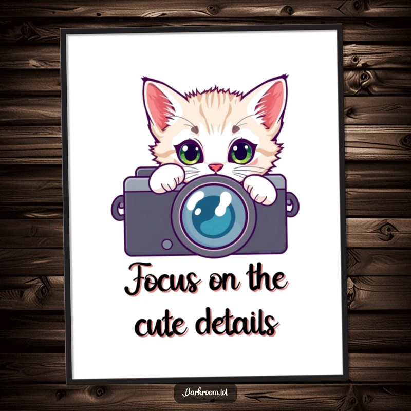 Funny Free Printable Wall Art: Playful kitten peeking through camera lens with wide eyes, cute and curious, downloadable art.