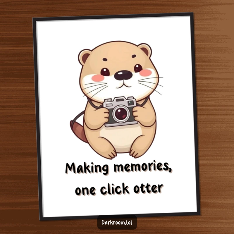 Funny Free Printable Wall Art: Round otter wearing a vintage camera, striking a pose, whimsical animal photography art, download.