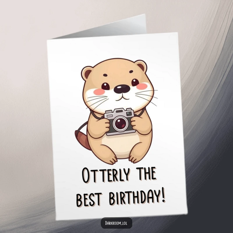 Funny Free Printable Birthday Card: Cute round otter with vintage camera, ready to snap a birthday memory, digital download.