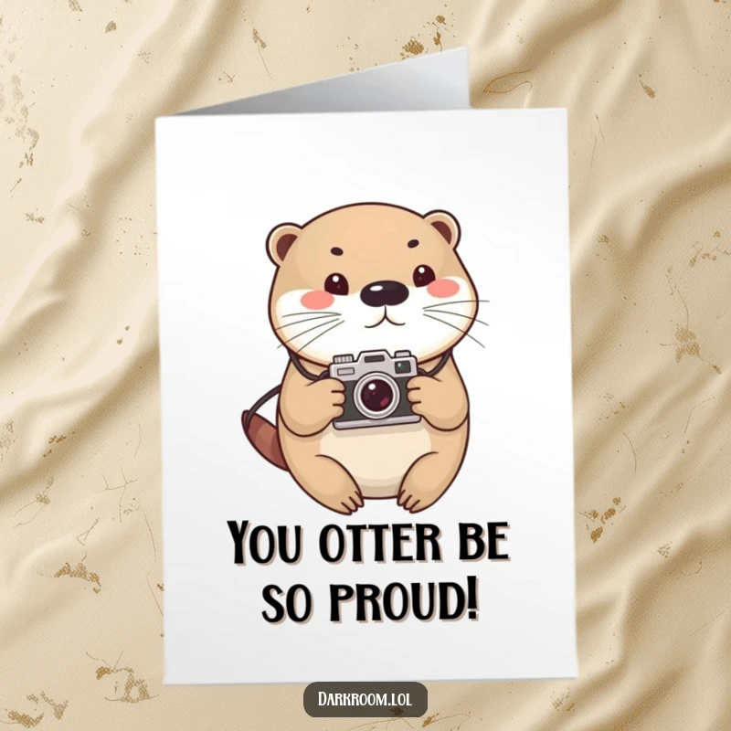 Funny Free Printable Congratulations Card: Adorable otter photographer, camera in paw, celebrating your big win, print at home.