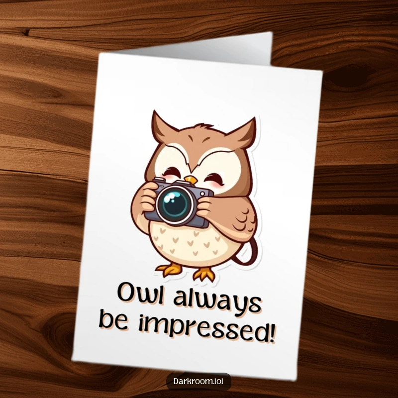 Funny Free Printable Congratulations Card: Cheerful owl holding camera, capturing a successful moment, print at home.