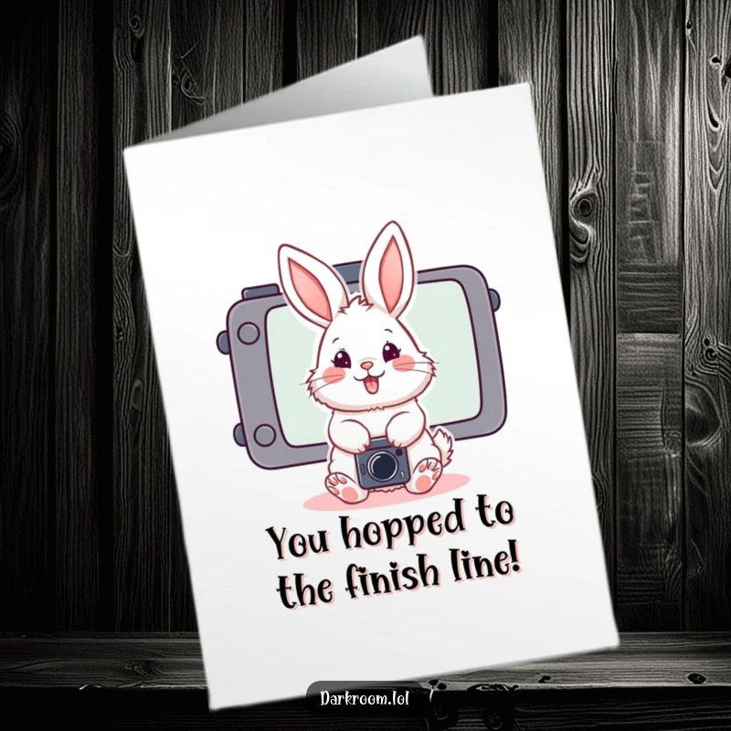 Funny Free Printable Congratulations Card: Fluffy bunny posing in front of camera screen, celebrating your success, print at home.