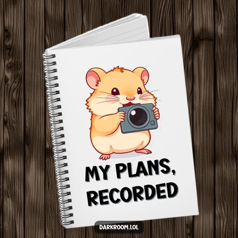 Funny hamster photographer notebook, tiny and determined, enthusiastically pressing a camera shutter, ideal for jotting down photography ideas.