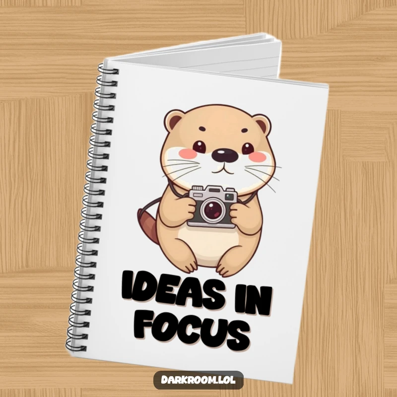 Funny otter photographer notebook, cute and round, with a vintage camera, ideal for jotting down photography notes and creative sparks.
