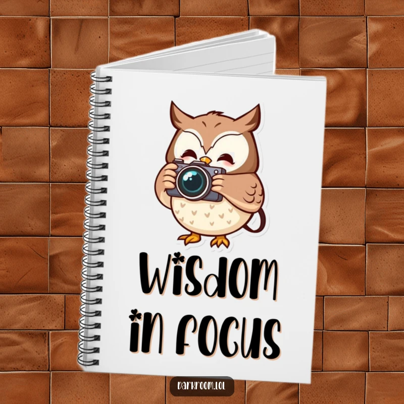 Funny cheerful owl photographer notebook, holding a camera, capturing a fleeting moment, ideal for jotting down photographic insights.