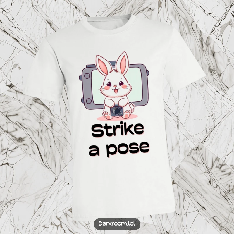 Funny fluffy bunny wearing a photographer t-shirt, posing playfully in front of a stylized camera screen for a perfect shot.
