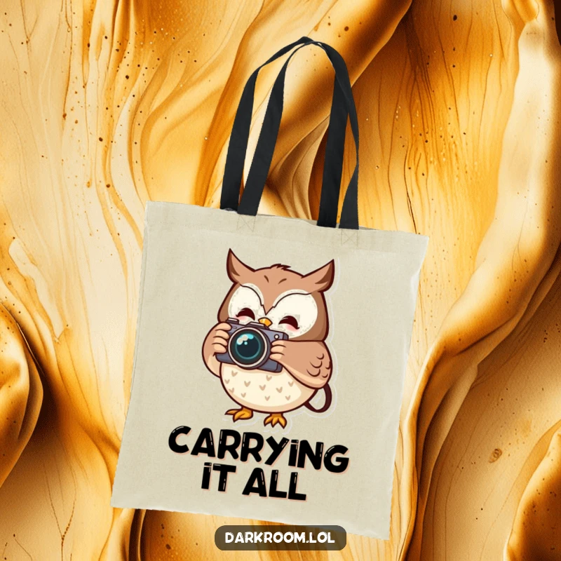Funny cheerful owl photographer tote bag, holding a camera, capturing a fleeting moment, perfect for carrying photography essentials.