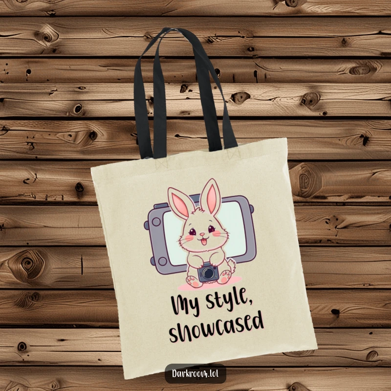 Funny fluffy bunny photographer tote bag, posing playfully in front of a stylized camera screen, perfect for carrying daily essentials.